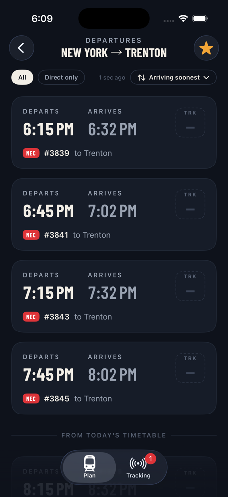 The departures list from New York to Trenton, with departure and arrival times, line, train number and a track tile for each train.